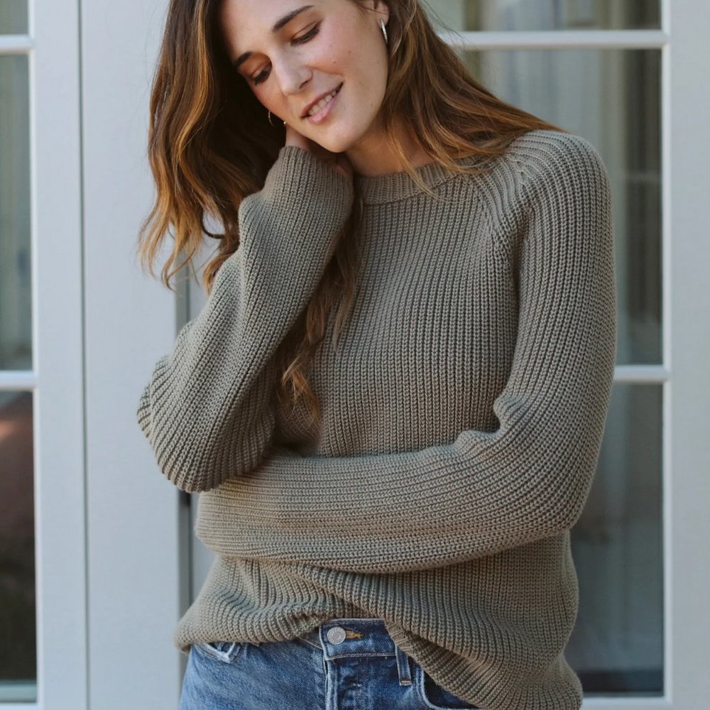 Jenni Kayne XS Cotton Fisherman Sweater in Eucalyptus - NEW